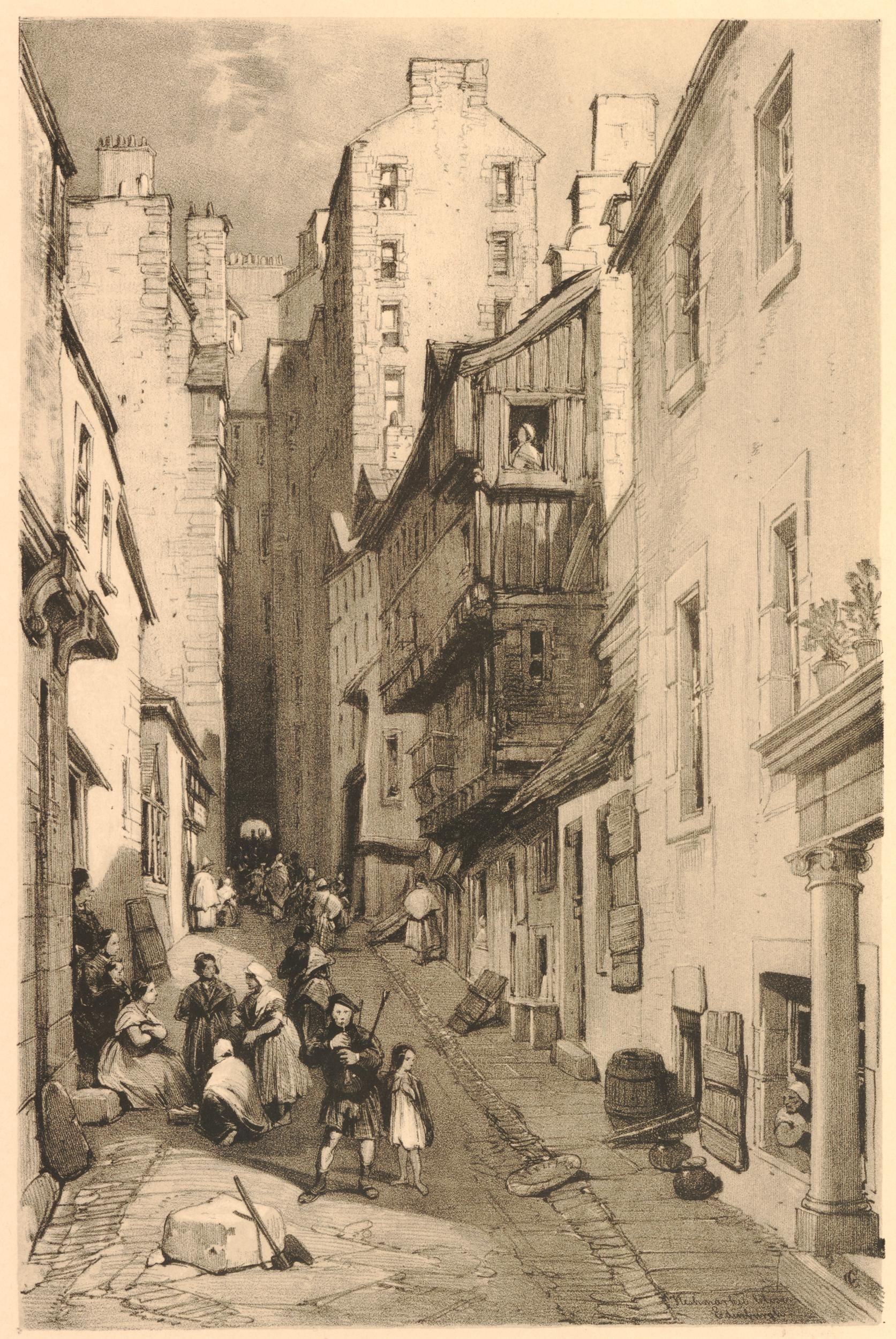 Fleshmarket Close in the 1850s, a lithograph with a piper in the foreground and women carrying baskets up to market