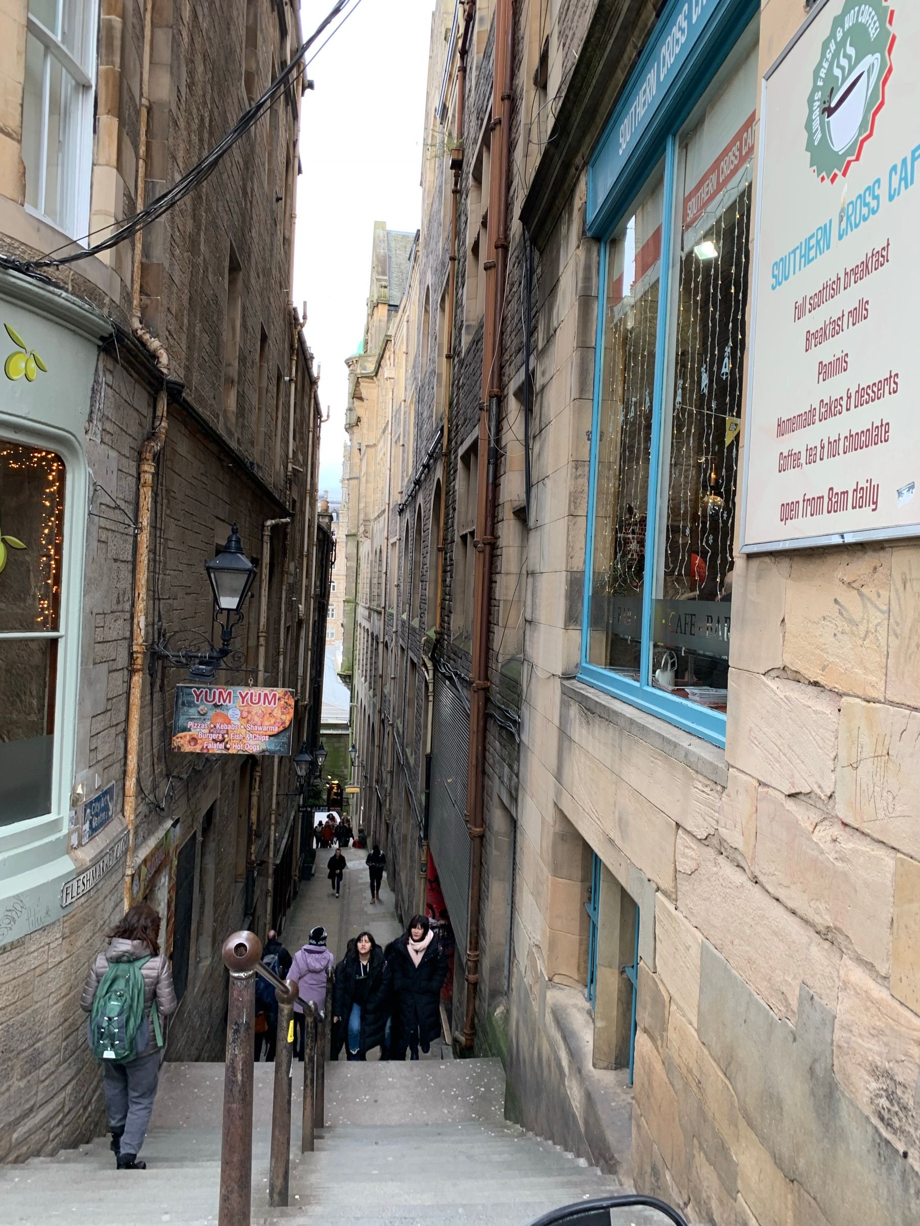 Looking up the lower flight of Fleshmarket Close from the arch on Market Street