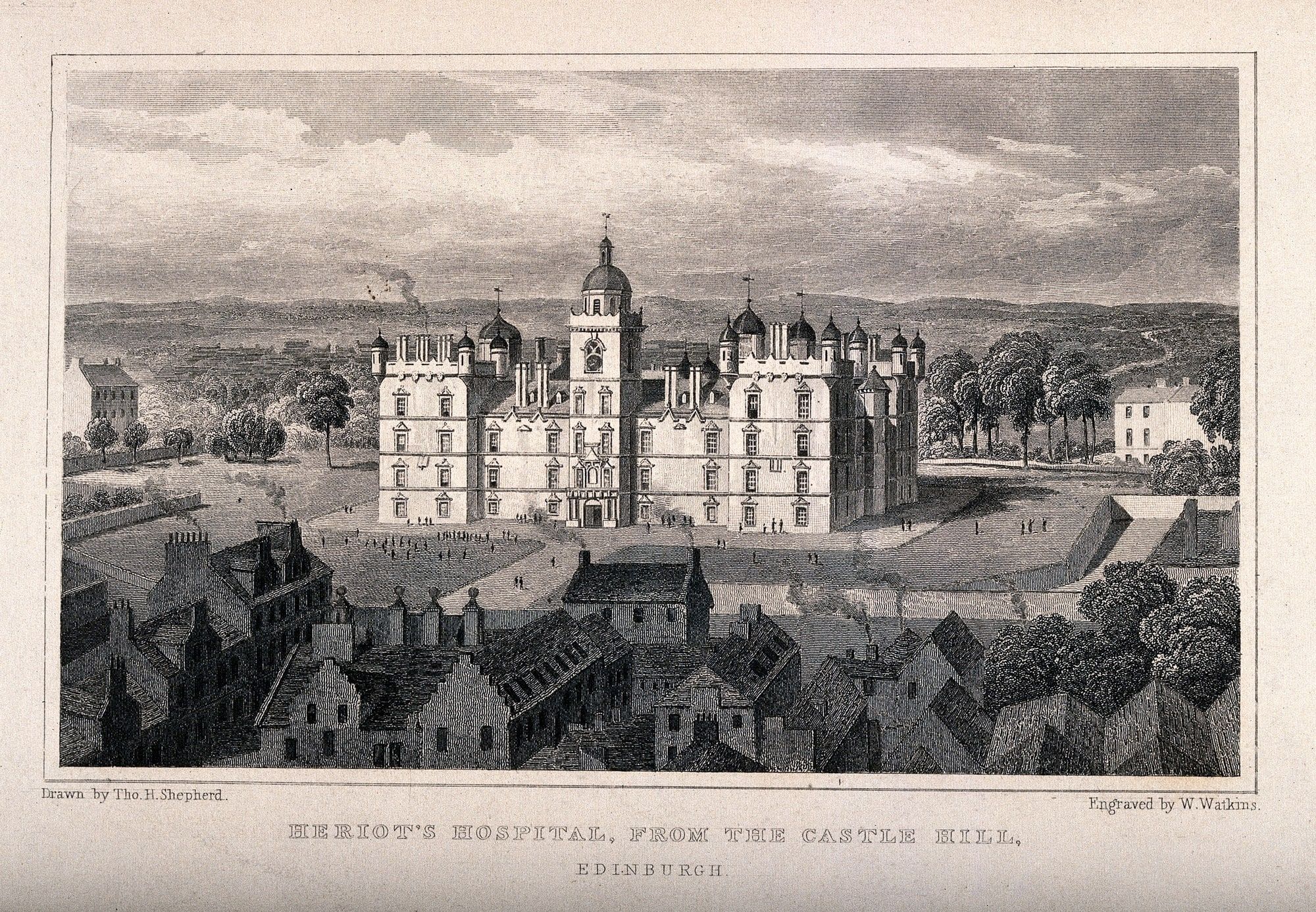 Heriot’s Hospital, a nineteenth century line engraving
